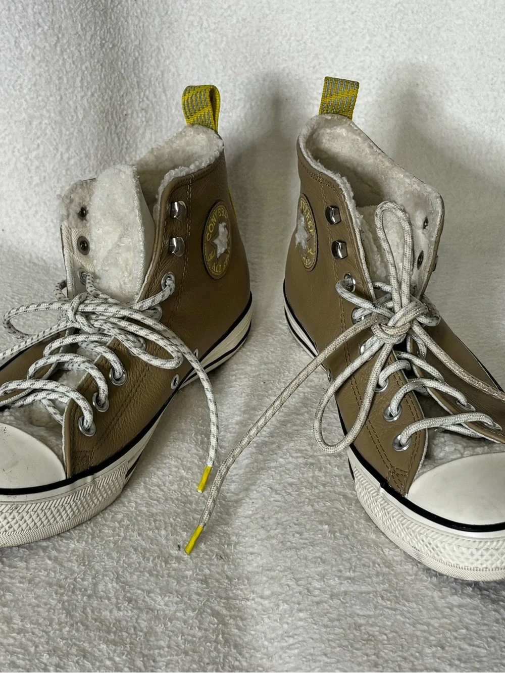 Converse Kids Tan High-Top Sneakers with White Sherpa Lining and Yellow Pull Tab